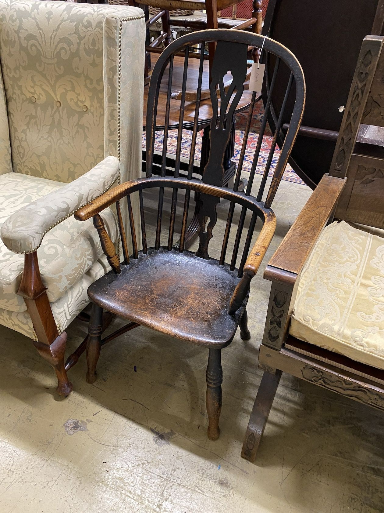 A mid 19th century ash and elm Windsor armchair (reduced), width 54cm, depth 41cm, height 106cm